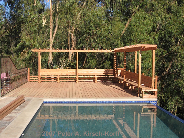 Craftsman Wood Pool Deck with Arbor &amp; Bench - A Malibu Deck Builder