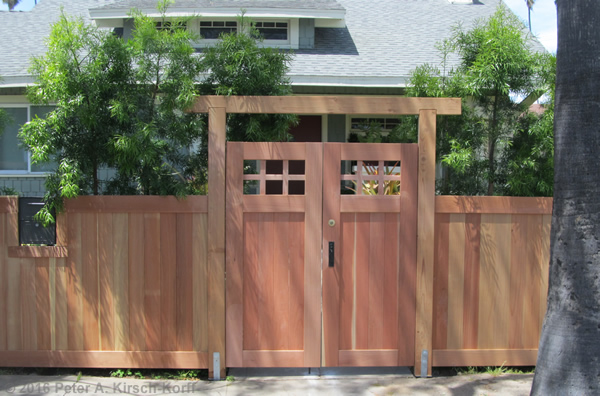 Photo of  Los Angeles California Bungalow (Arts & Crafts Style) Redwood Fence and Arbored Front Entry Gate in West Los Angeles, CA