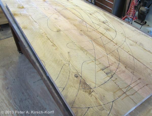 The wood blank marked for cutting out - Tree of Life Motif on Driveway Gate - Monrovia, CA